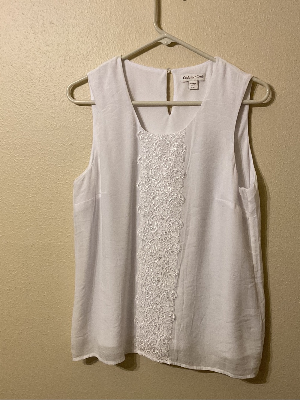Coldwater Creek White Sleeveless Lace-Trim Blouse with Lining
